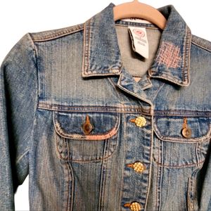 Bisou Bisou Distressed Jeans Denim Jacket w/Peach Accents,  size S
